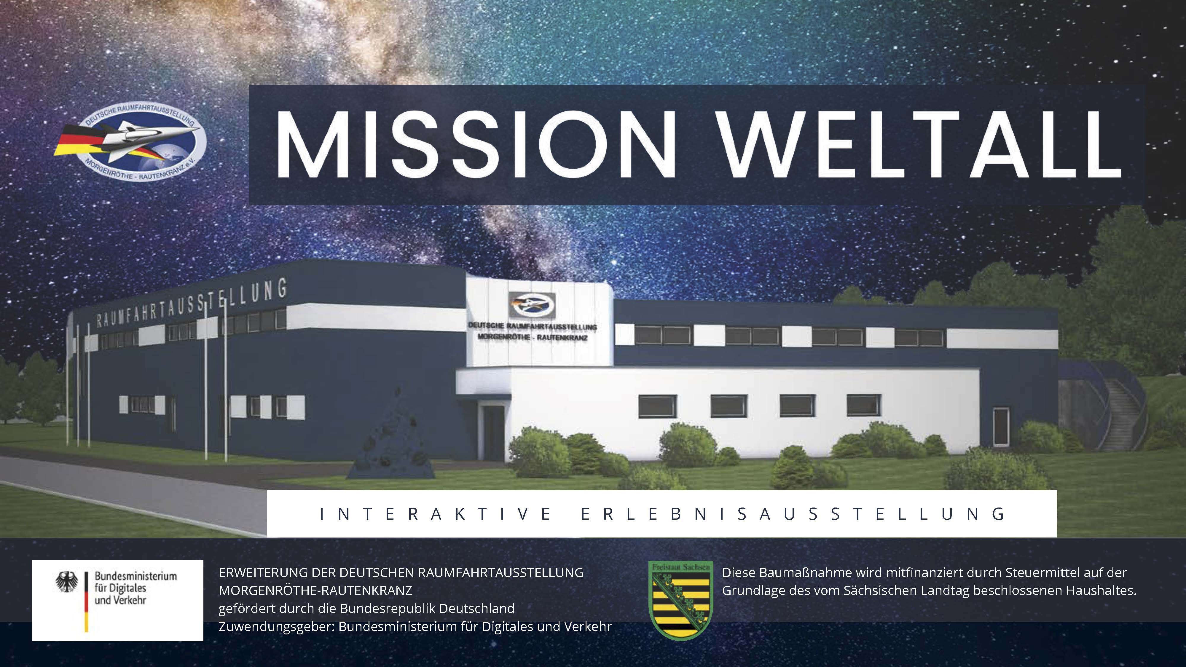 Collage: Das Ausstellungsgebäude vor dem Hintergrund eines Sternenhimmels